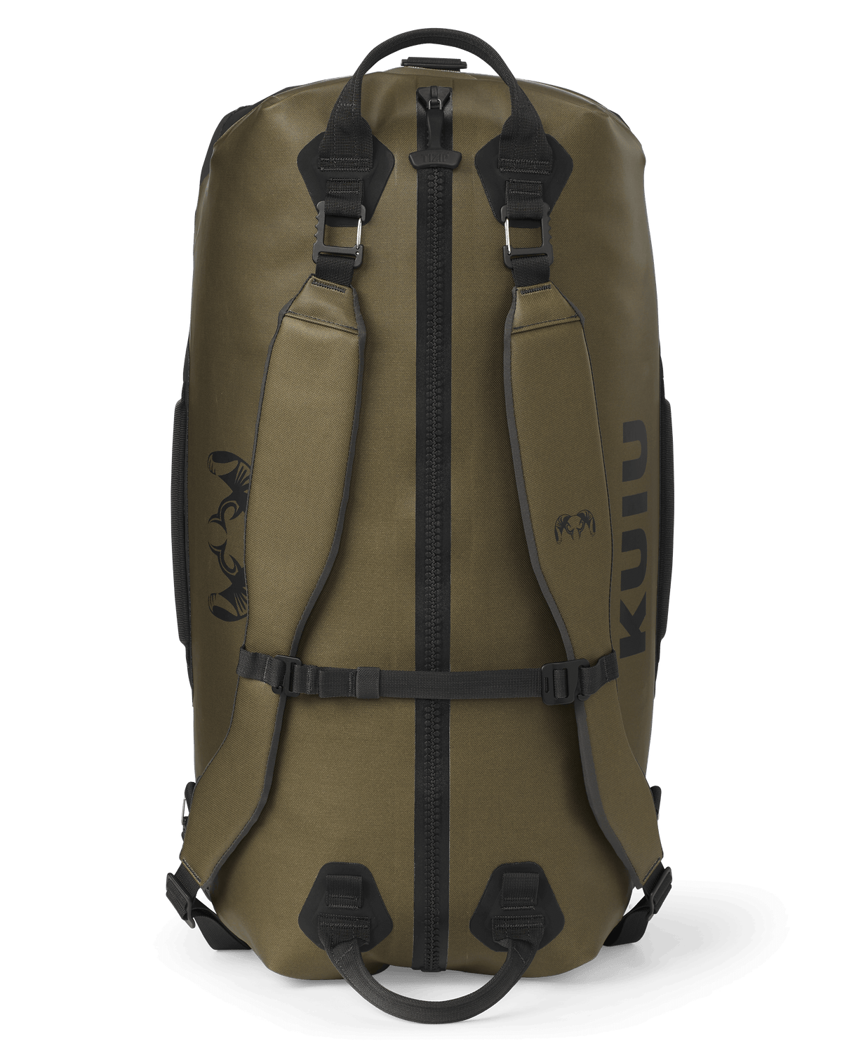 Top view of the Kodiak 3000 Submersible Duffel in Coyote Brown showing handles, zipper, and backpack straps