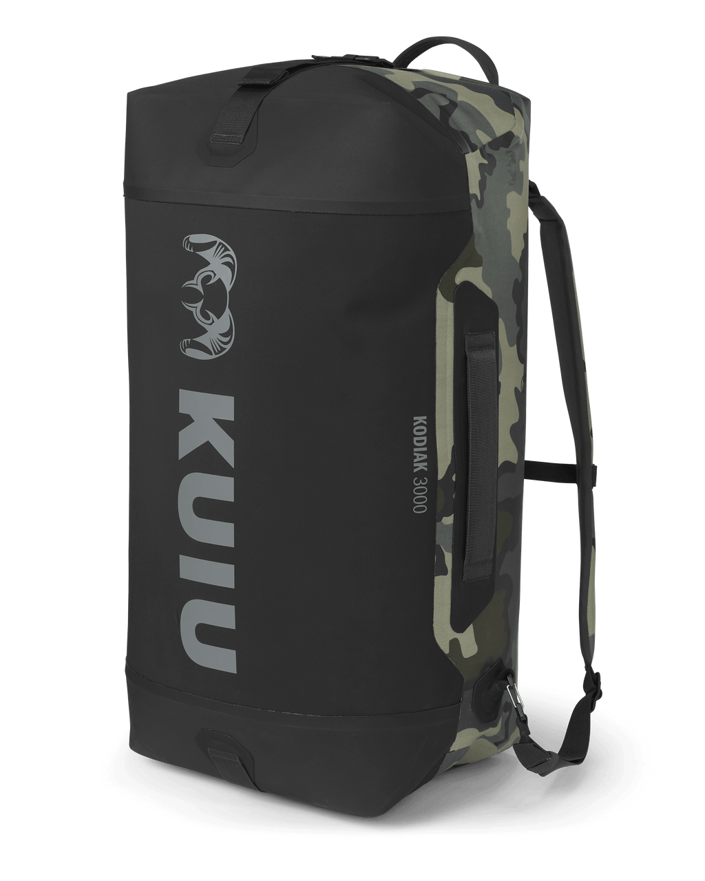Back of Kodiak 3000 Submersible Duffel in Vias Camouflage standing on end showing bottom of bag