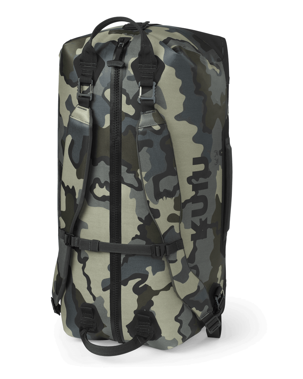Kodiak 3000 Submersible Duffel in Vias Camouflage standing on end to show how to carry like a backpack