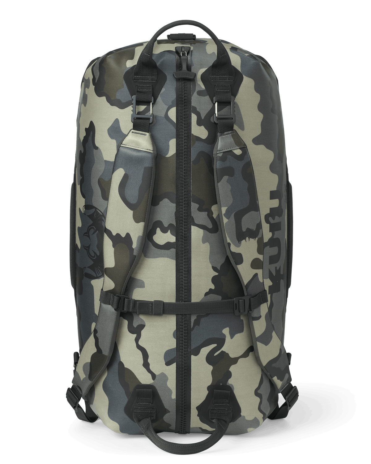 Top view of the Kodiak 3000 Submersible Duffel in Vias Camouflage showing handles, zipper, and backpack straps