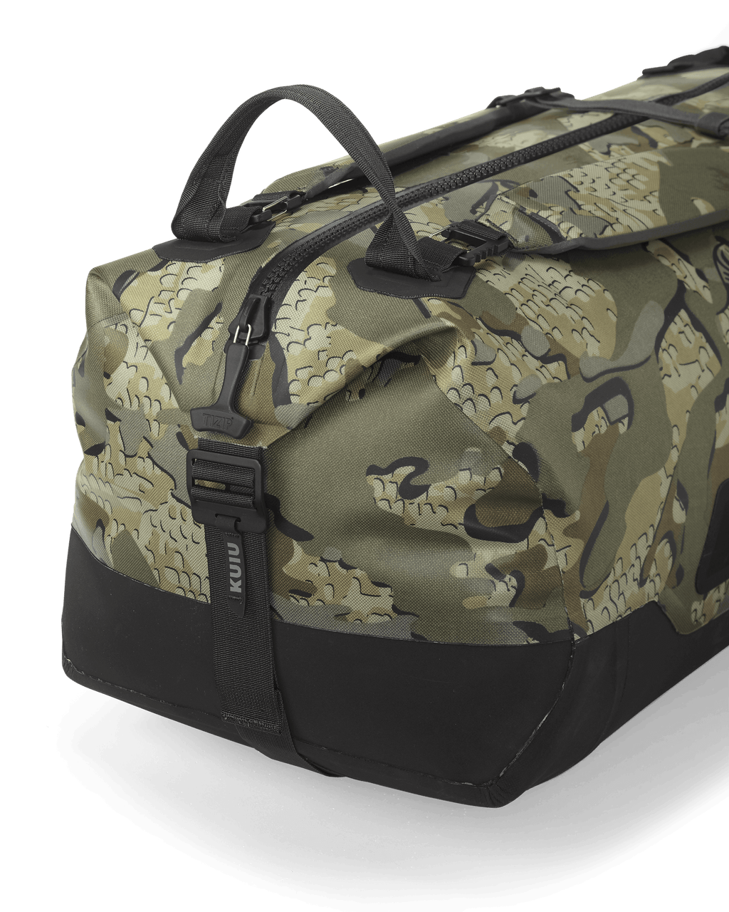 Side of Kodiak 3000 Submersible Duffel in Valo Camouflage Highlighting TIZIP® Airtight & Watertight Zippers, Durable Grip Handles and High Tenacity Hypalon Bottom Panel