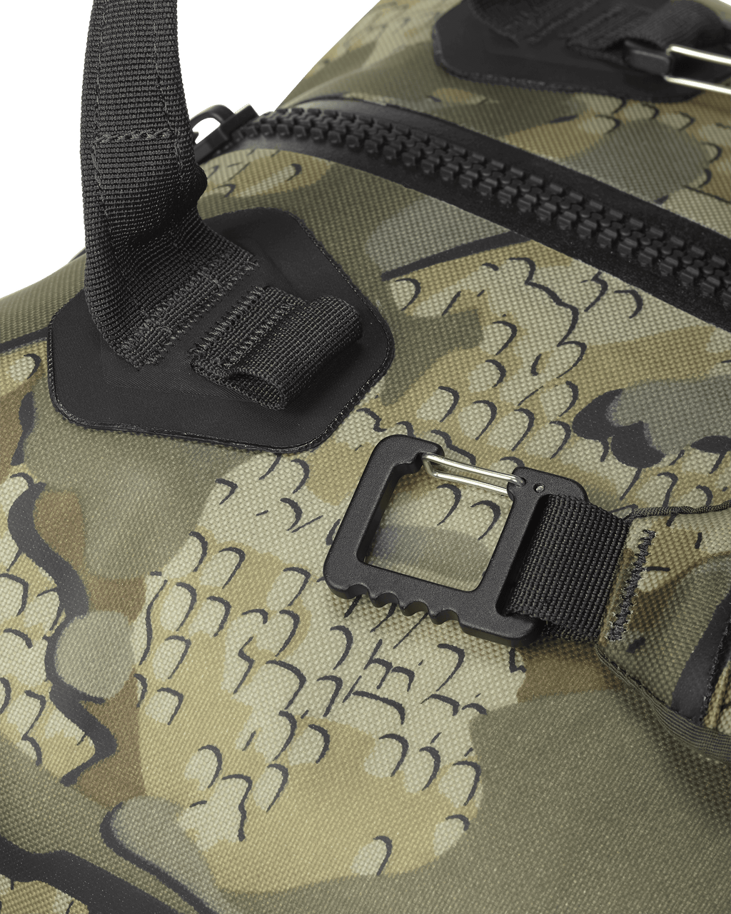 Close, Top Profile of Kodiak 3000 Duffel in Valo Camouflage Highlighting Removable Shoulder Straps