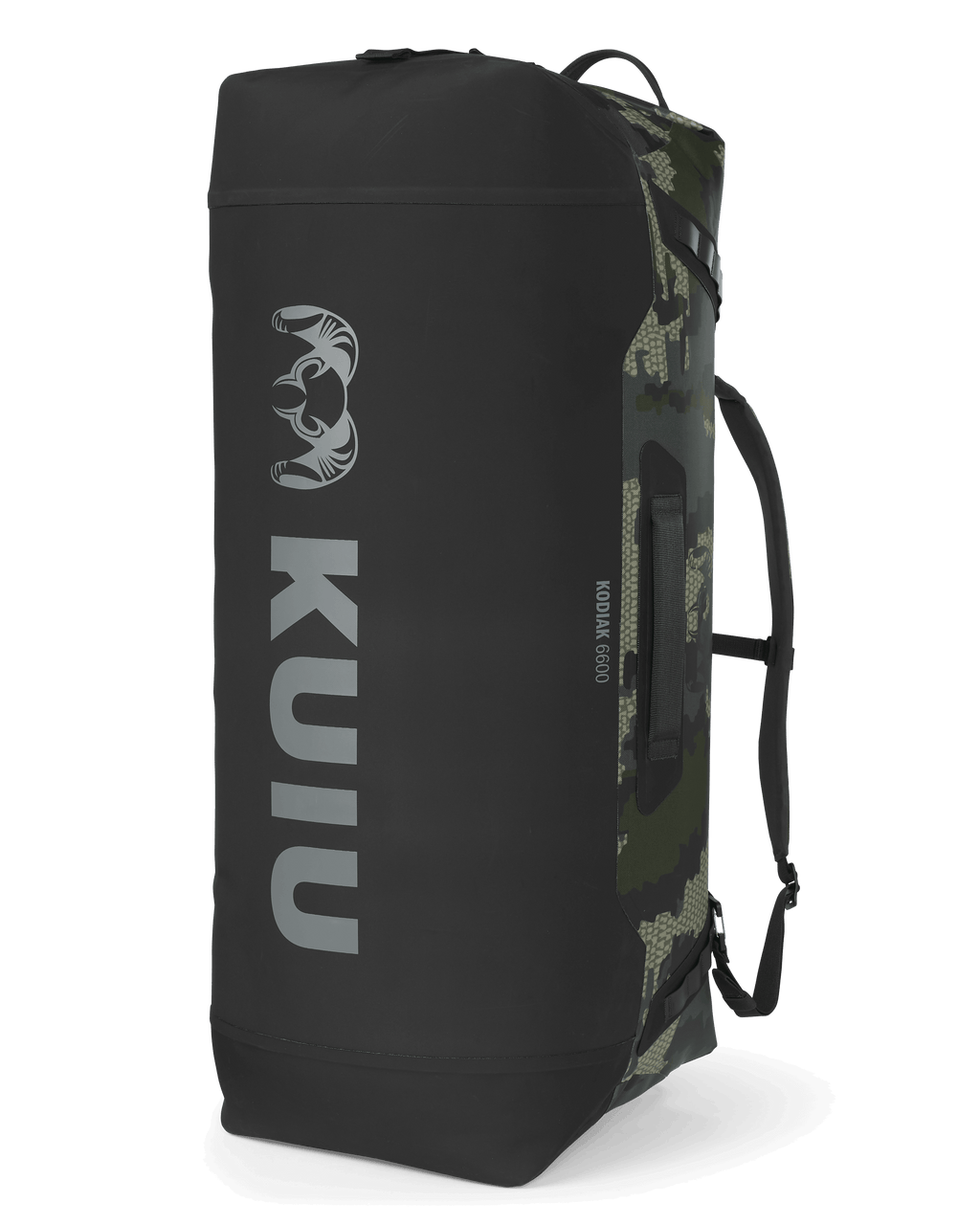 Back of Kodiak 6600 Submersible Duffel in Verde Camouflage standing on end showing bottom of bag