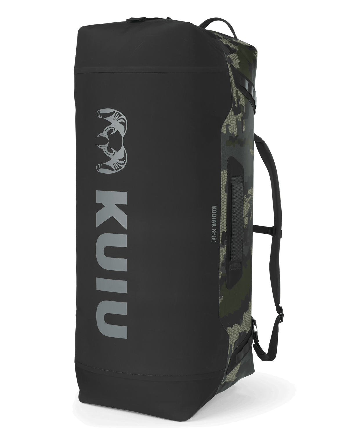 Back of Kodiak 6600 Submersible Duffel in Verde Camouflage standing on end showing bottom of bag