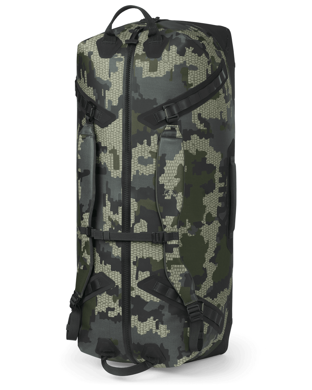 Kodiak 6600 Submersible Duffel in Verde Camouflage standing on end to show how to carry like a backpack