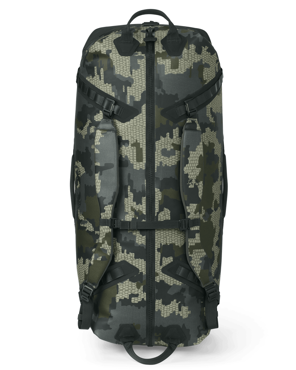 Top view of the Kodiak 6600 Submersible Duffel in Verde Camouflage showing handles, zipper, and backpack straps