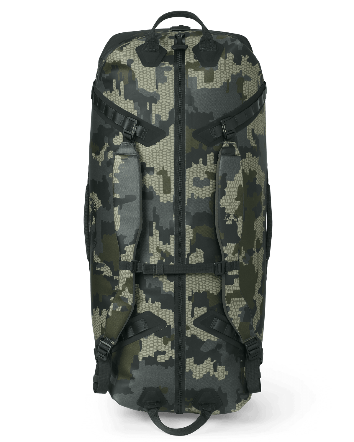 Top view of the Kodiak 6600 Submersible Duffel in Verde Camouflage showing handles, zipper, and backpack straps