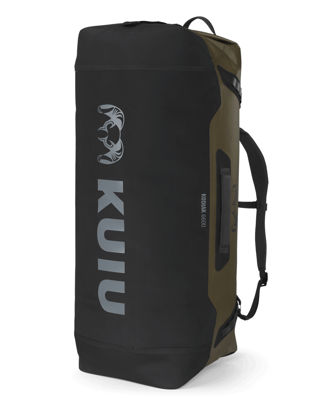Back of Kodiak 6600 Submersible Duffel in Coyote Brown standing on end showing bottom of bag