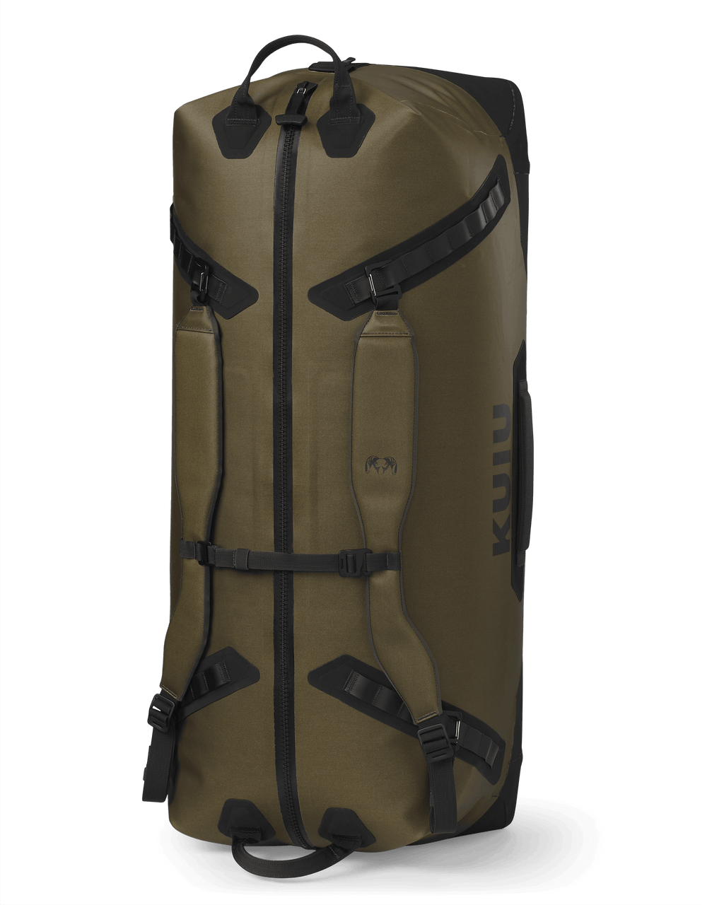 Kodiak 6600 Submersible Duffel in Coyote Brown standing on end to show how to carry like a backpack
