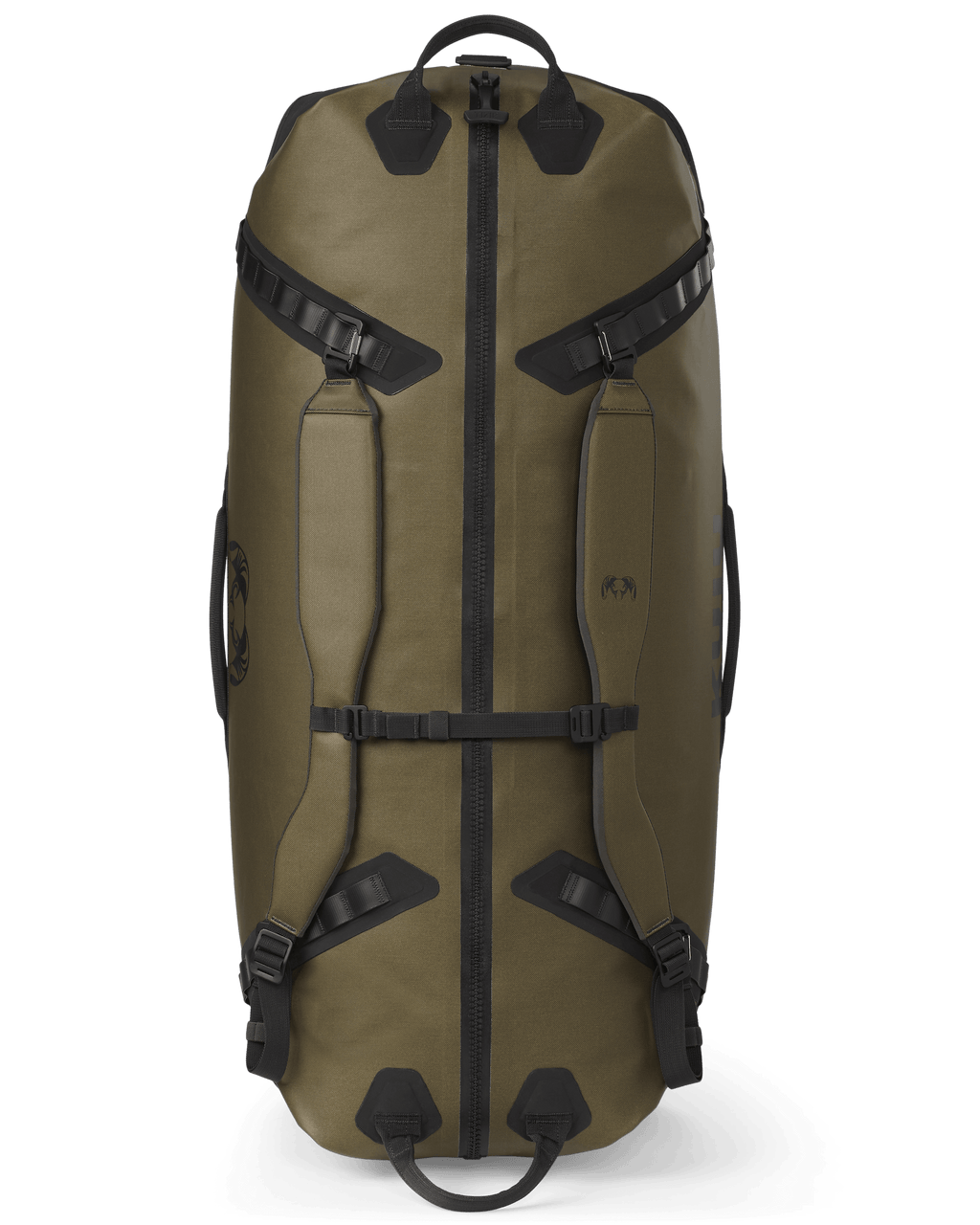 Top view of the Kodiak 6600 Submersible Duffel in Coyote Brown showing handles, zipper, and backpack straps
