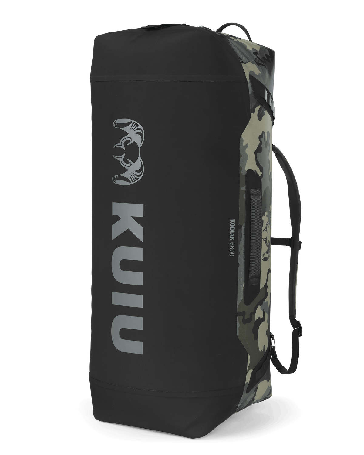 Back of Kodiak 6600 Submersible Duffel in Vias Camouflage standing on end showing bottom of bag