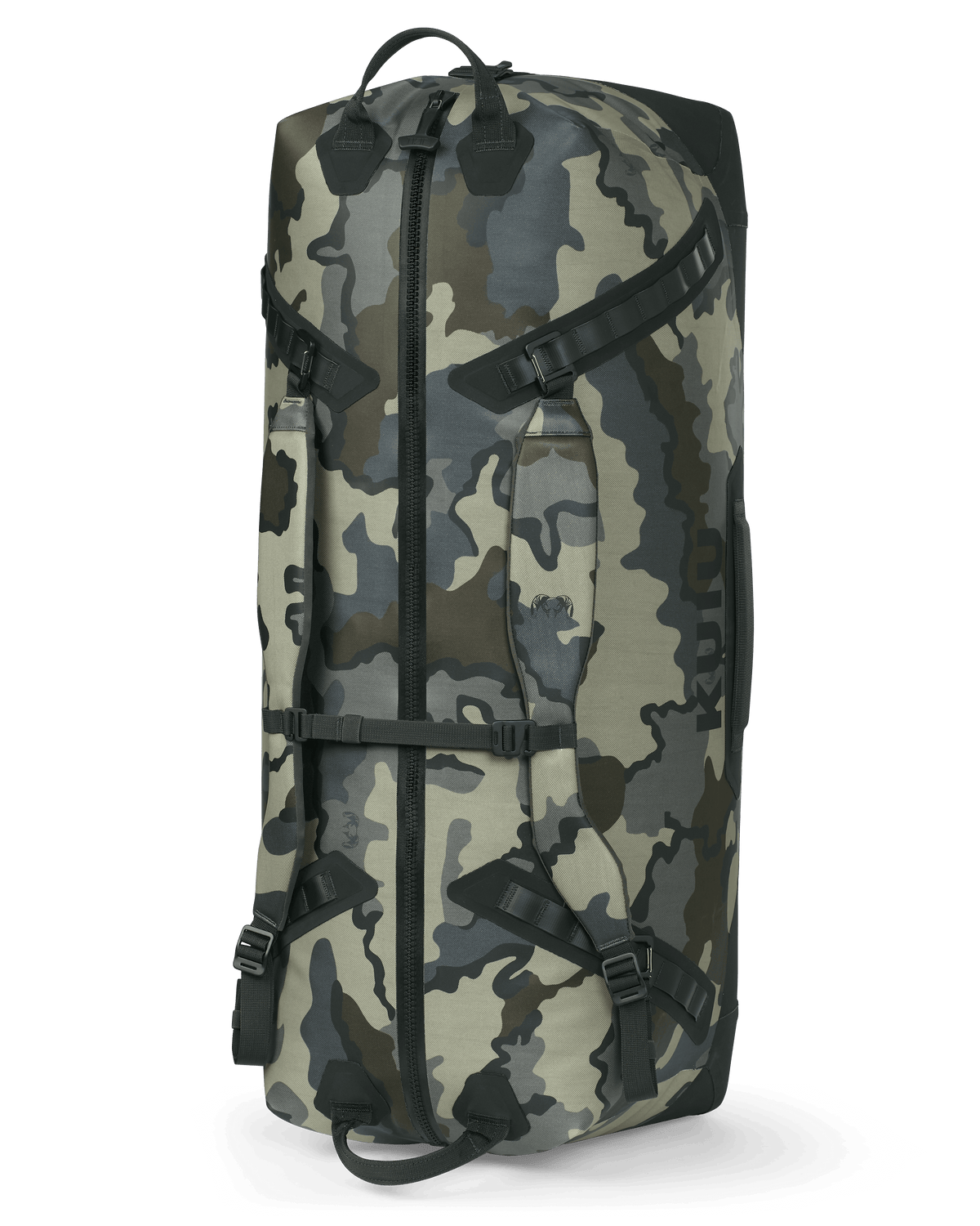 Kodiak 6600 Submersible Duffel in Vias Camouflage standing on end to show how to carry like a backpack
