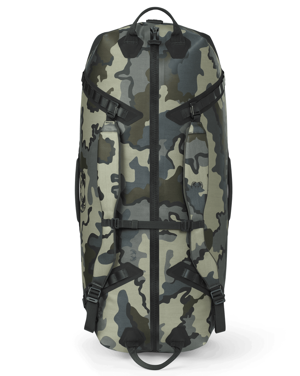 Top view of the Kodiak 6600 Submersible Duffel in Vias Camouflage showing handles, zipper, and backpack straps
