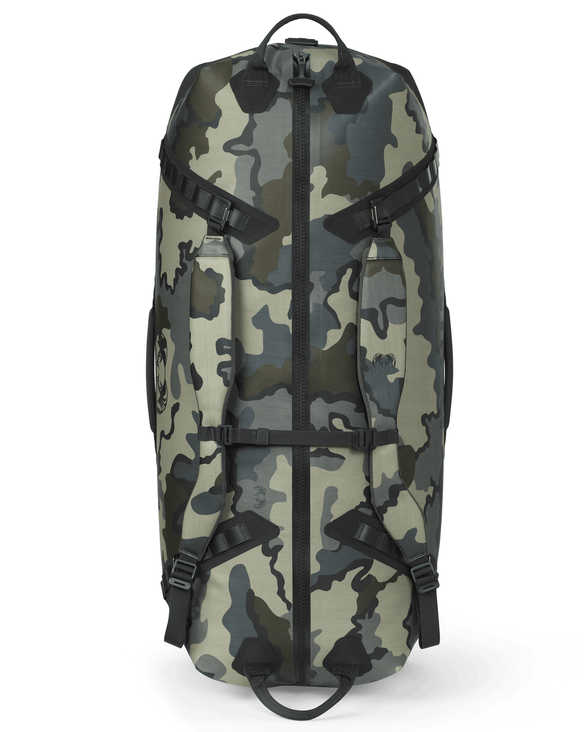 Top view of the Kodiak 6600 Submersible Duffel in Vias Camouflage showing handles, zipper, and backpack straps