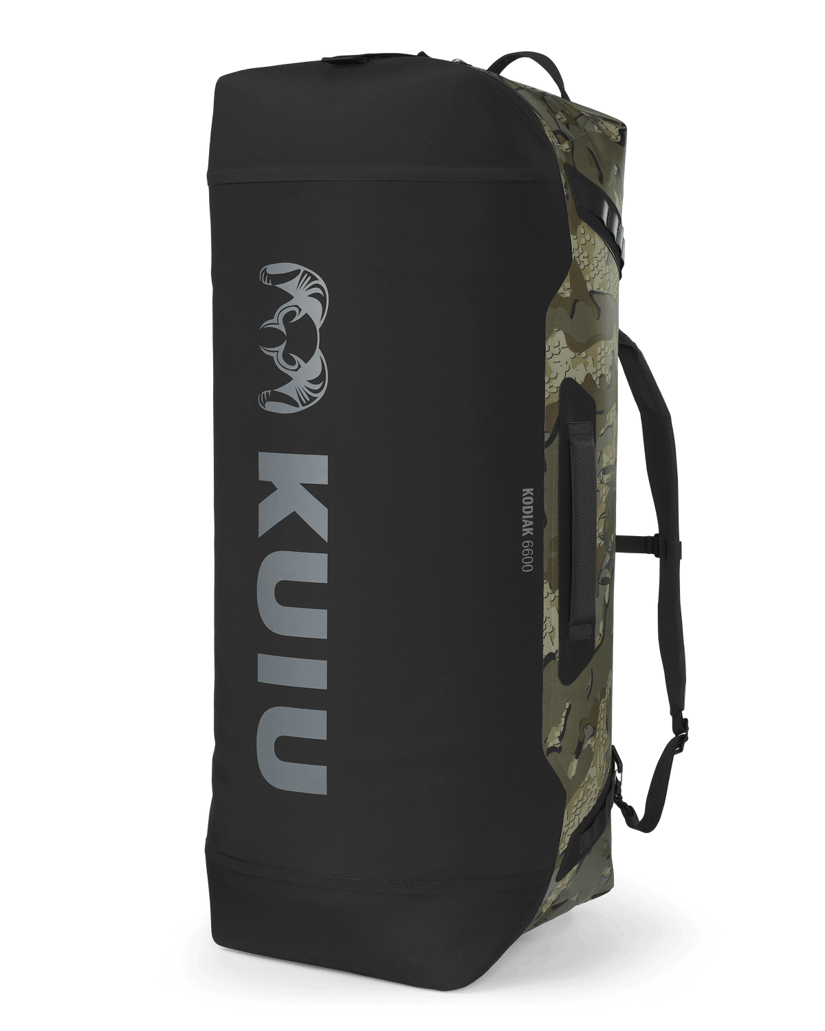 Back of Kodiak 6600 Submersible Duffel in Valo Camouflage standing on end showing bottom of bag