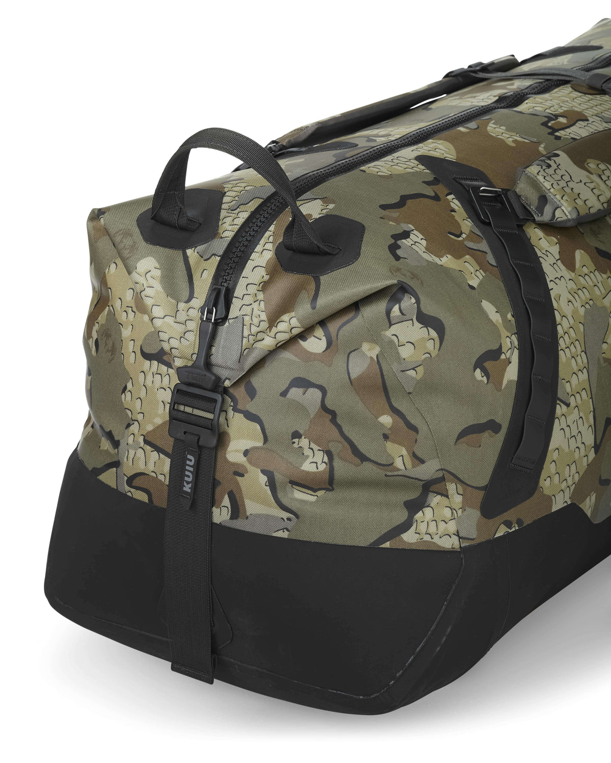Side of Kodiak 6600 Submersible Duffel in Valo Camouflage Highlighting TIZIP® Airtight & Watertight Zippers, Durable Grip Handles and High Tenacity Hypalon Bottom Panel