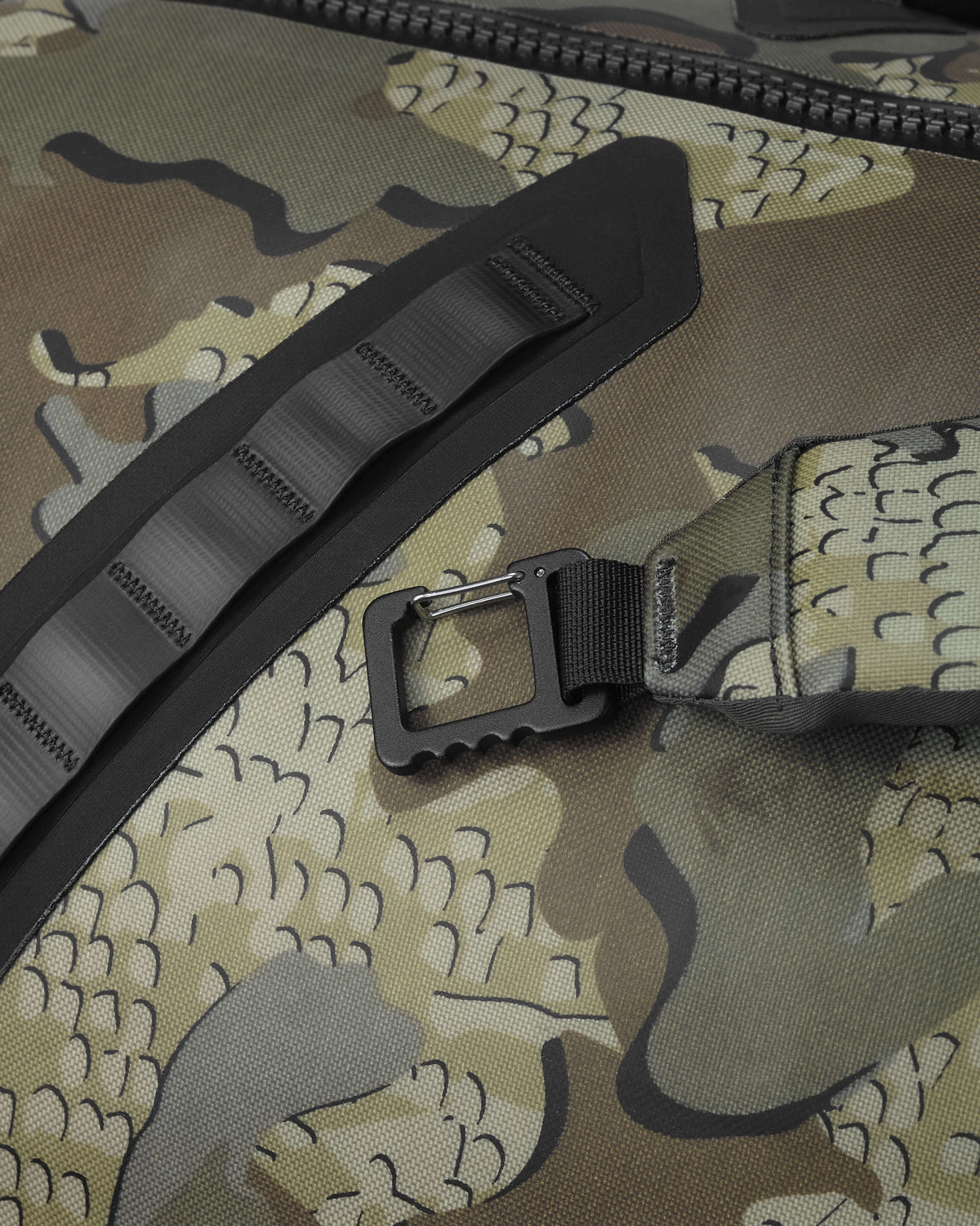Close, Top Profile of Kodiak 6600 Submersible Duffel in Valo Camouflage Highlighting Removable Shoulder Straps