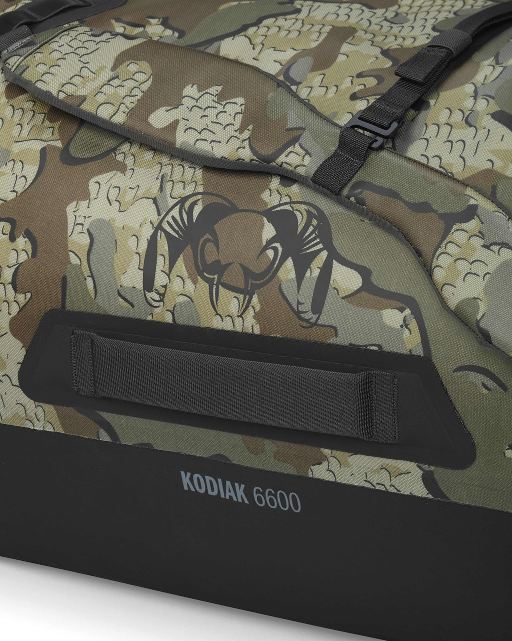Side of Kodiak 6600 Submersible Duffel in Valo Camouflage Highlighting Durable Grip Handles and High Tenacity Hypalon Bottom Panel