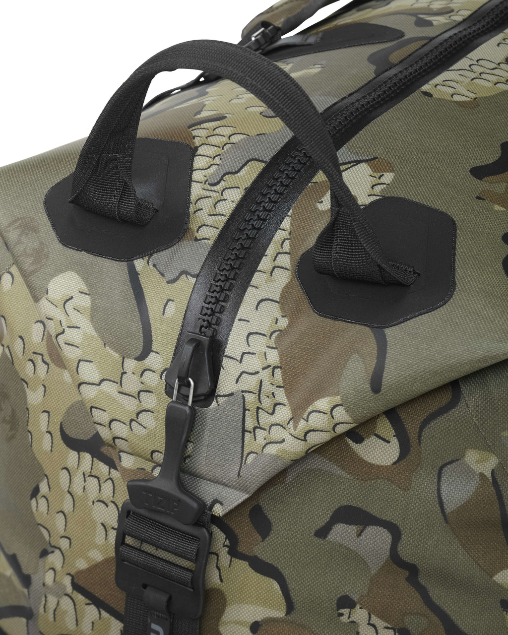 Side of Kodiak 6600 Submersible Duffel in Valo Camouflage Highlighting TIZIP® Airtight & Watertight Zippers and Durable Grip Handles