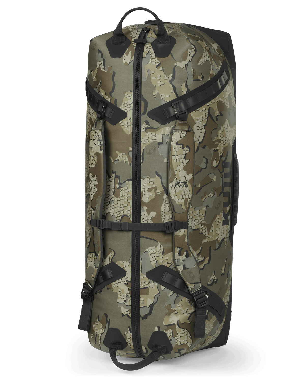 Kodiak 6600 Submersible Duffel in Valo Camouflage standing on end to show how to carry like a backpack