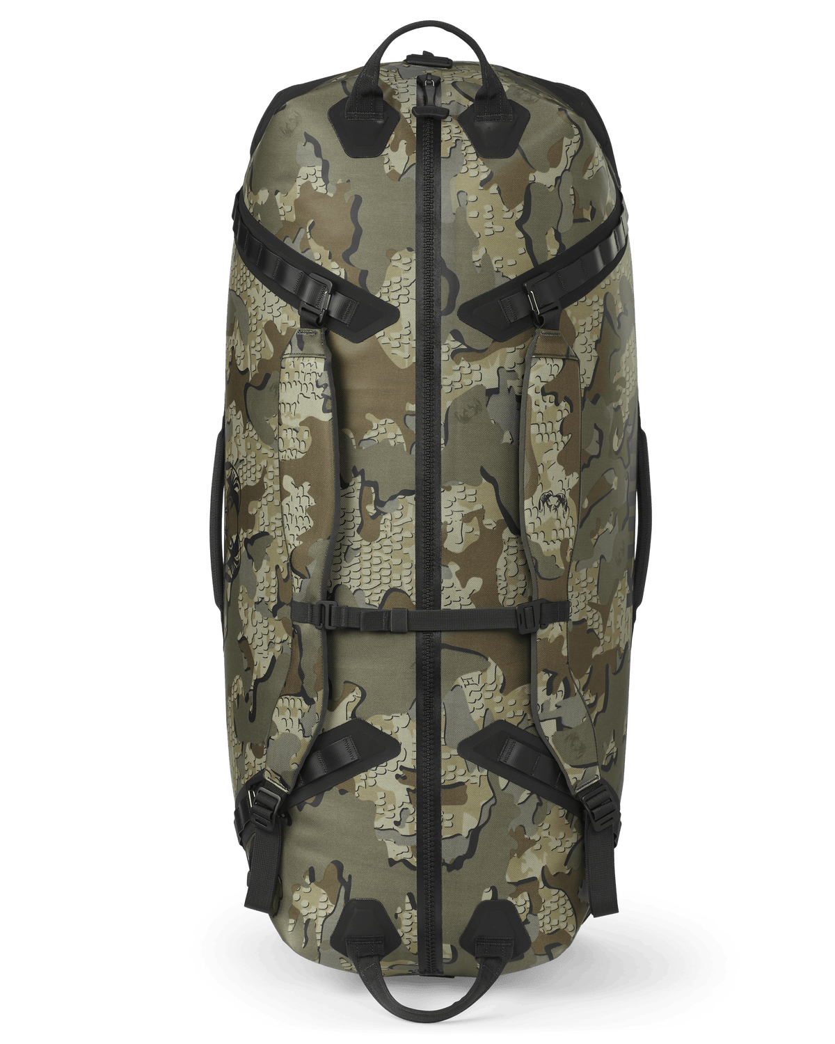 Top view of the Kodiak 6600 Submersible Duffel in Valo Camouflage showing handles, zipper, and backpack straps