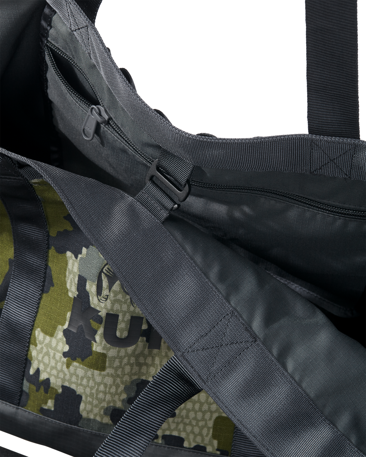 Detail of hook closure for a secure carry on KUIU CORDURA Tote Bag in Verde Camouflage