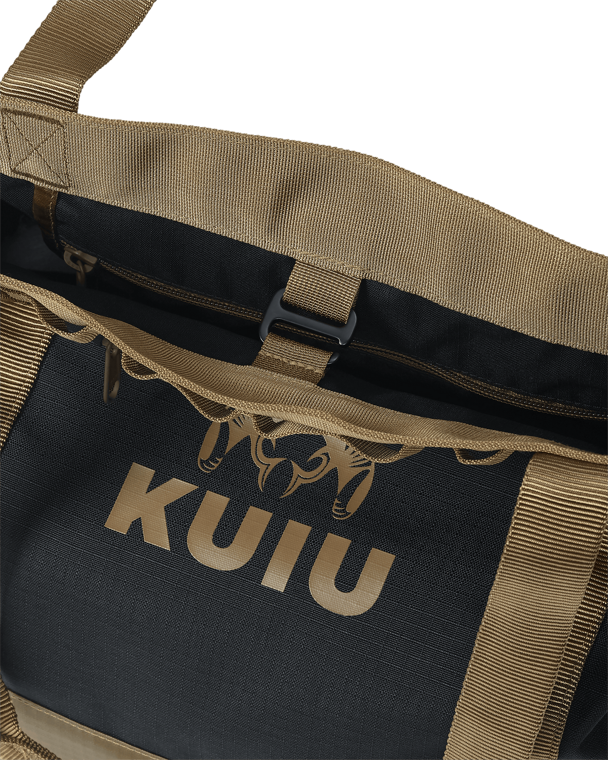 KUIU CORDURA® 2800 Tote Bag in Black/Brown showing hook closure for a secure carry