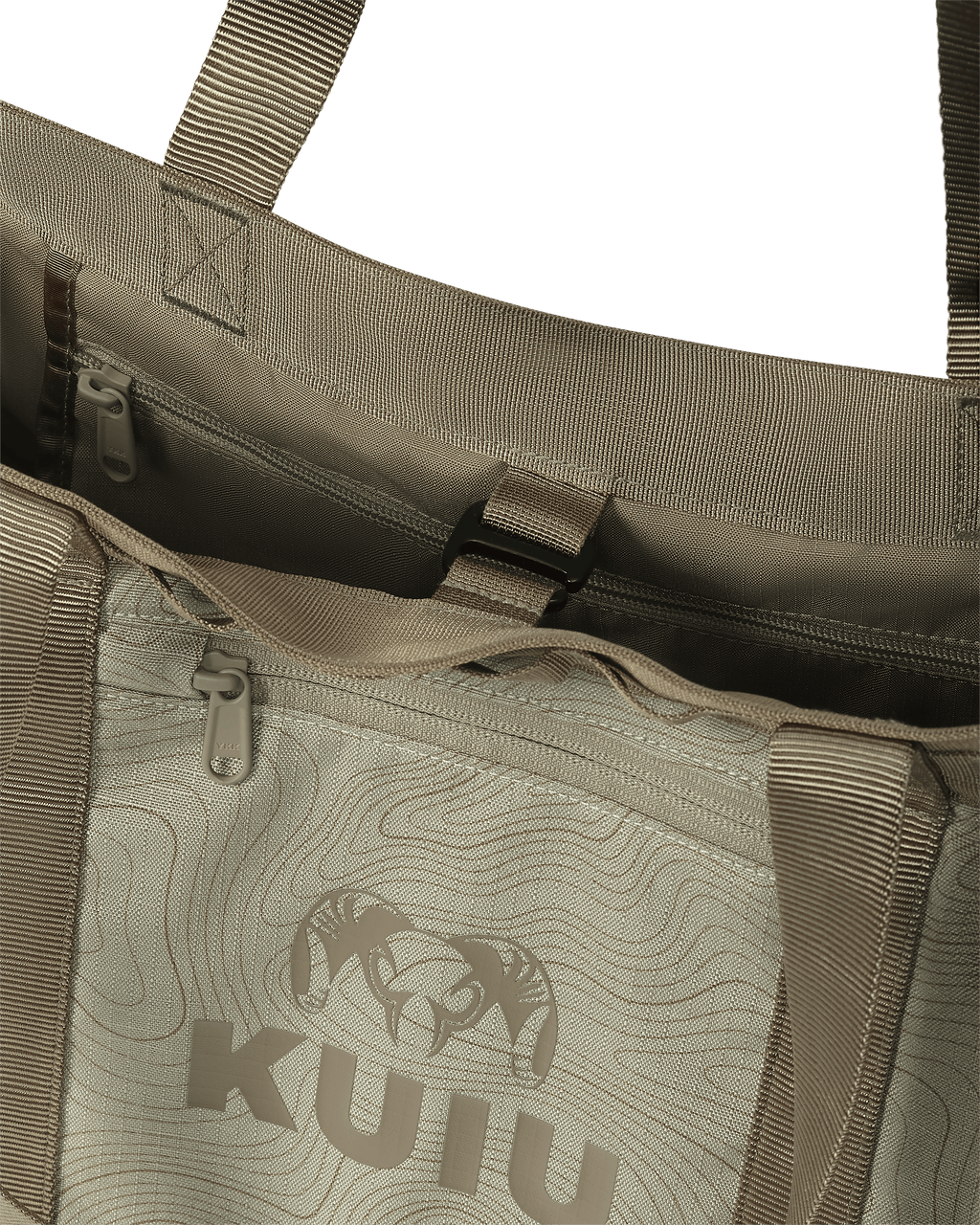 KUIU CORDURA® 2800 Structured Tote Bag in Bone White Topo Pattern showing hook closure for a secure carry