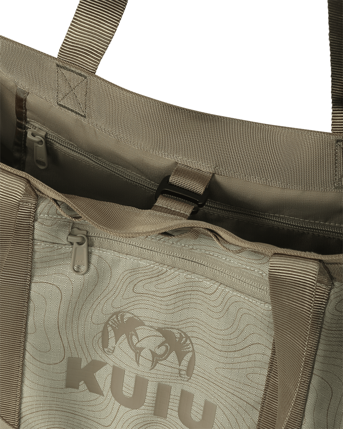 KUIU CORDURA® 2800 Structured Tote Bag in Bone White Topo Pattern showing hook closure for a secure carry