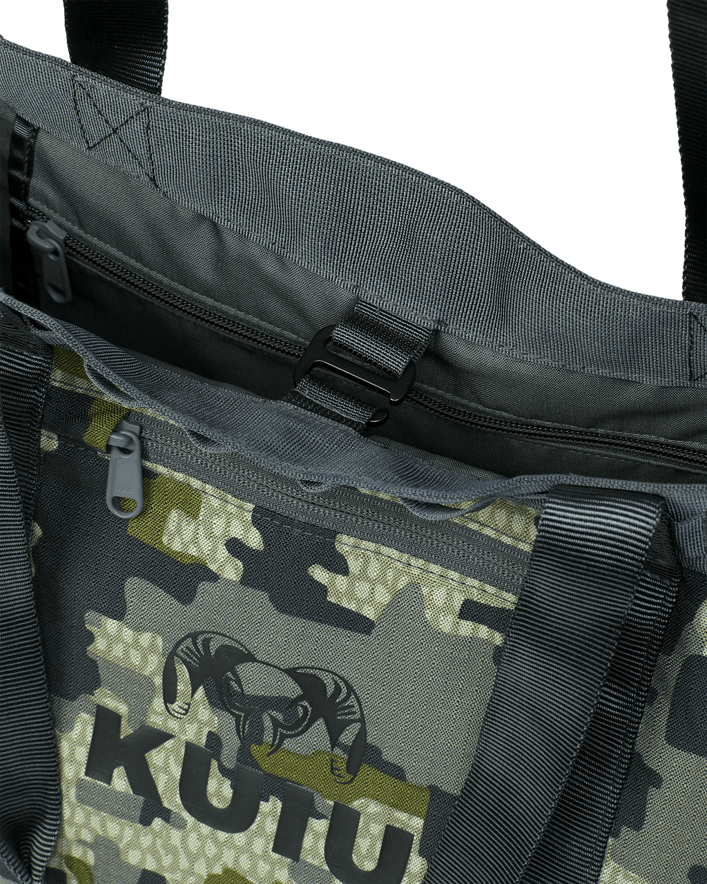 KUIU CORDURA® 2800 Structured Tote Bag in Verde Camouflage showing hook closure for a secure carry