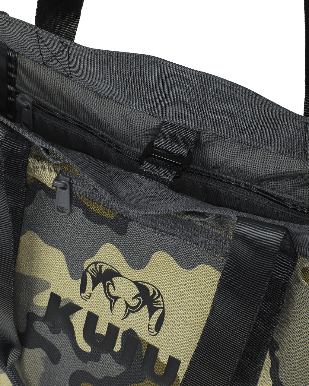 KUIU CORDURA® 2800 Structured Tote Bag in Vias Camouflage showing hook closure for a secure carry