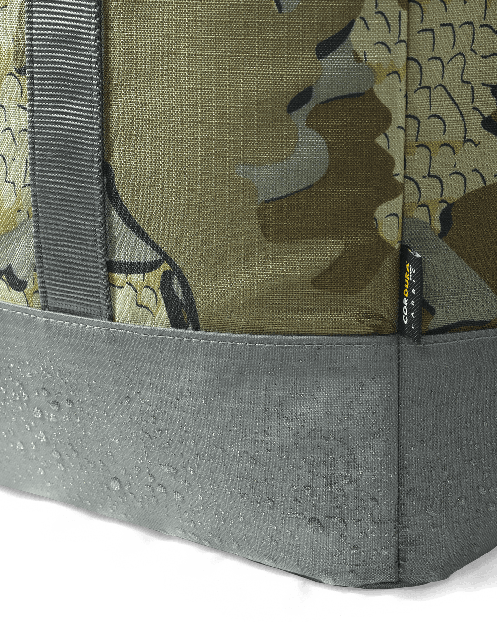 Side, Corner Profile of CORDURA 2800 Structured Tote in Valo Camouflage Highlighting TPU coated base fabric for water resistance and added durability