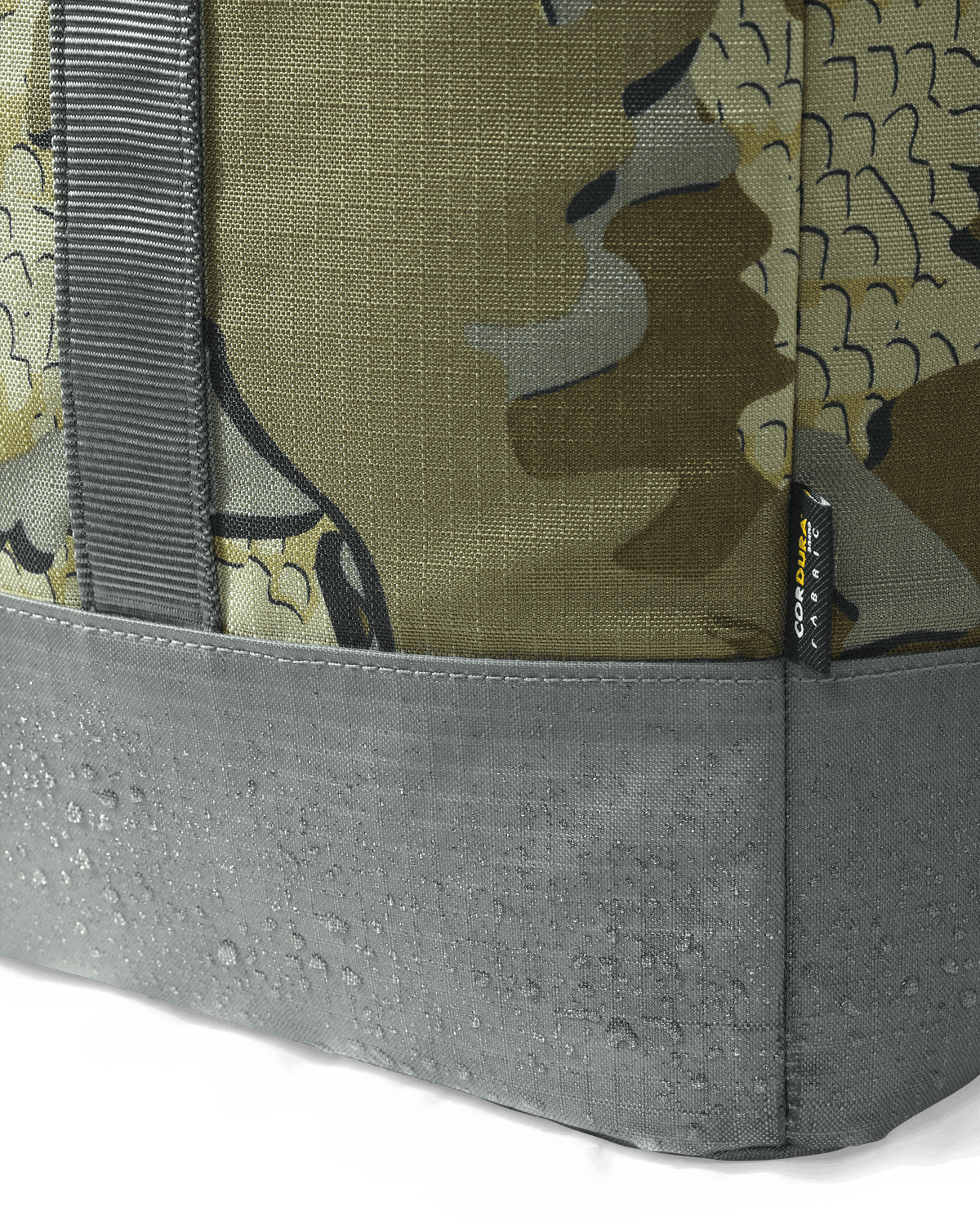 Side, Corner Profile of CORDURA 2800 Structured Tote in Valo Camouflage Highlighting TPU coated base fabric for water resistance and added durability