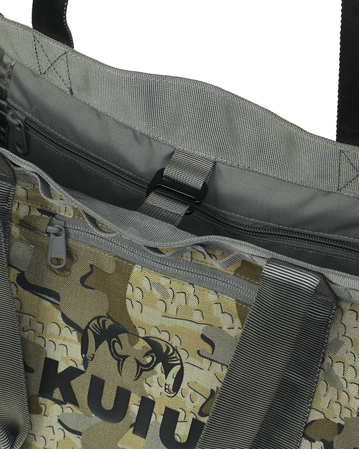 KUIU CORDURA® 2800 Structured Tote Bag in Valo Camouflage showing hook closure for a secure carry
