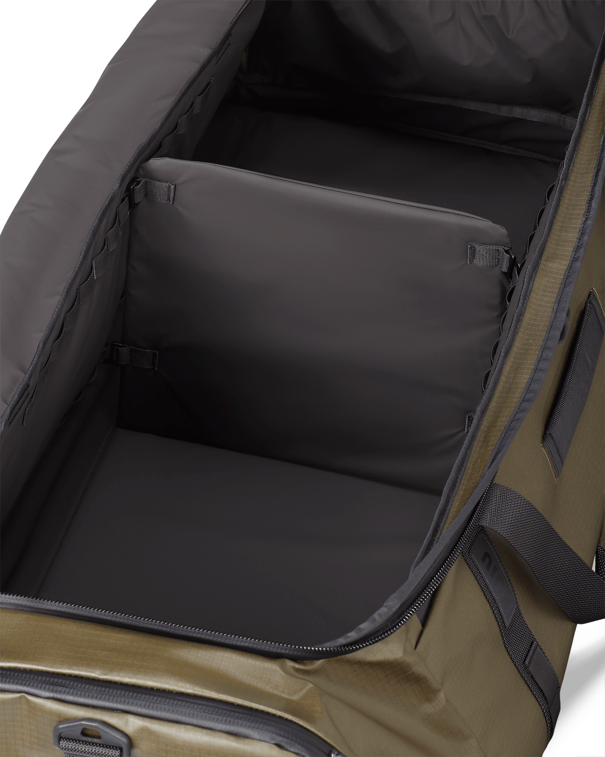 Close-up of Two Track 8000 Boot Duffel in Bourbon Brown internal removable and adjustable divider system