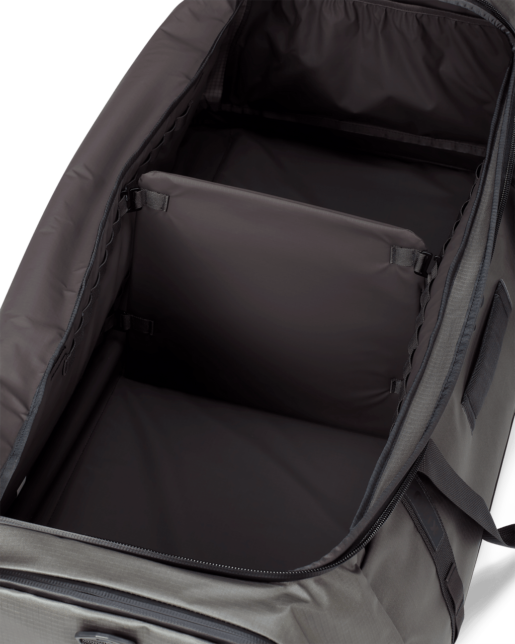 Close-up of Two Track 8000 Boot Duffel in Stone Grey internal removable and adjustable divider system