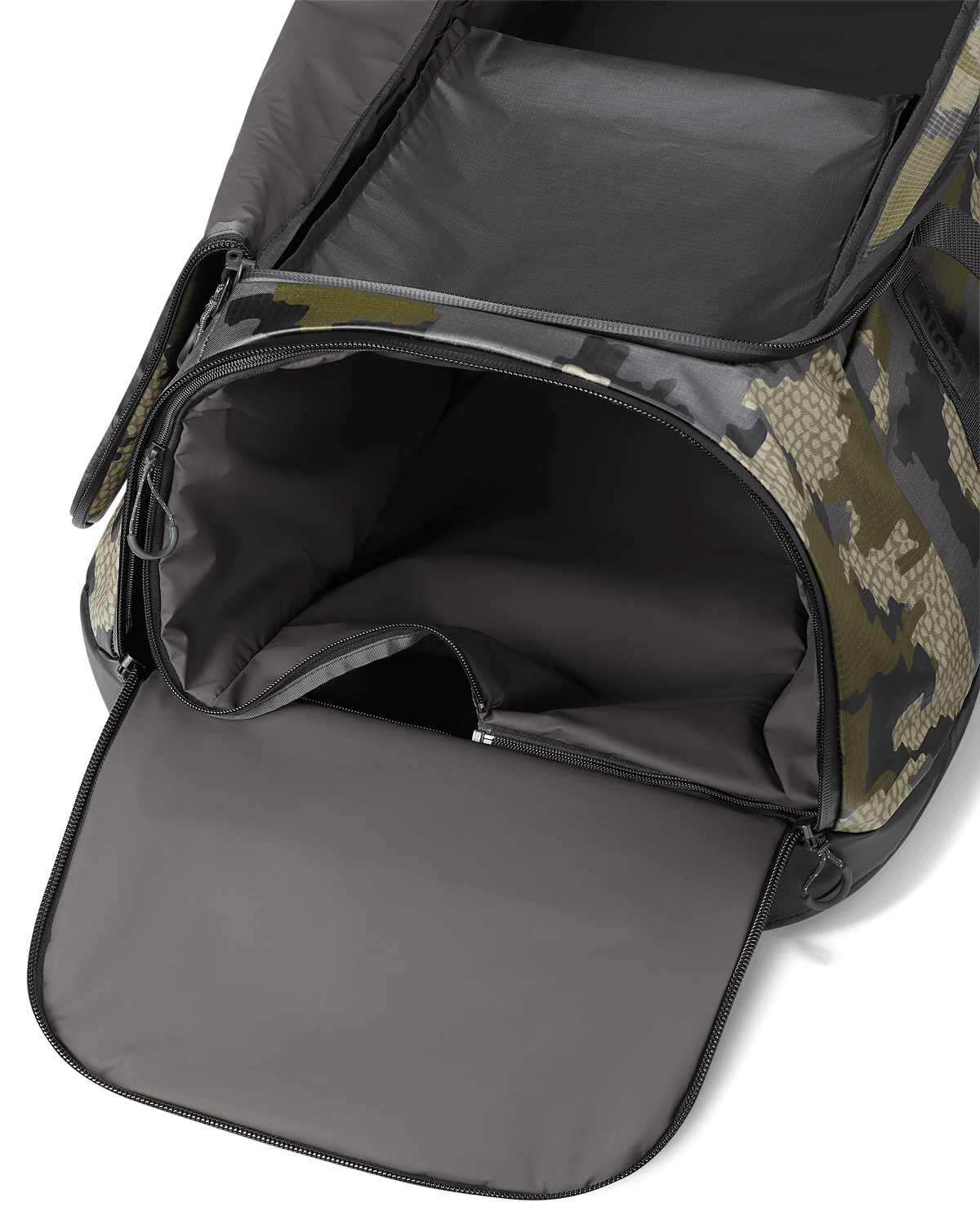 Zippered end pocket on the KUIU TwoTrack Duffel in Verde Camouflage, with waterproof and washable zip-out liner bag for wet gear storage