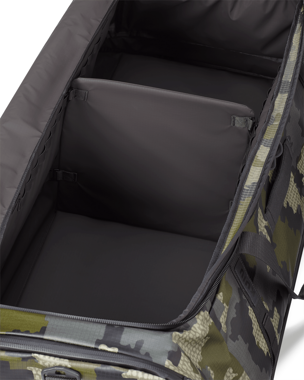 Close-up of Two Track 8000 Boot Duffel in Verde Camouflage  internal removable and adjustable divider system