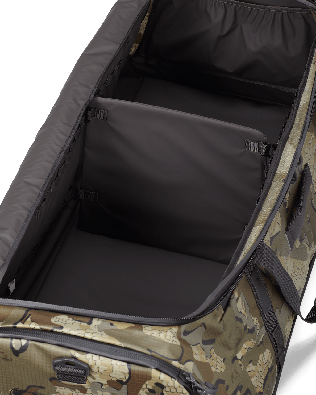 Close-up of Two Track 8000 Boot Duffel in Valo Camouflage internal removable and adjustable divider system