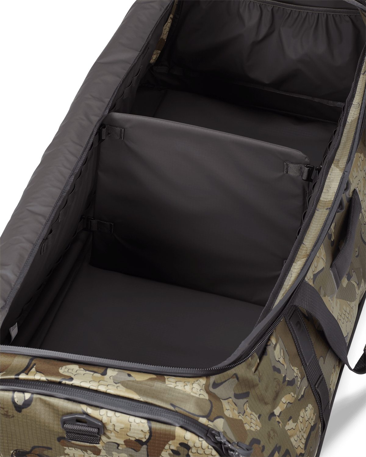 Close-up of Two Track 8000 Boot Duffel in Valo Camouflage internal removable and adjustable divider system