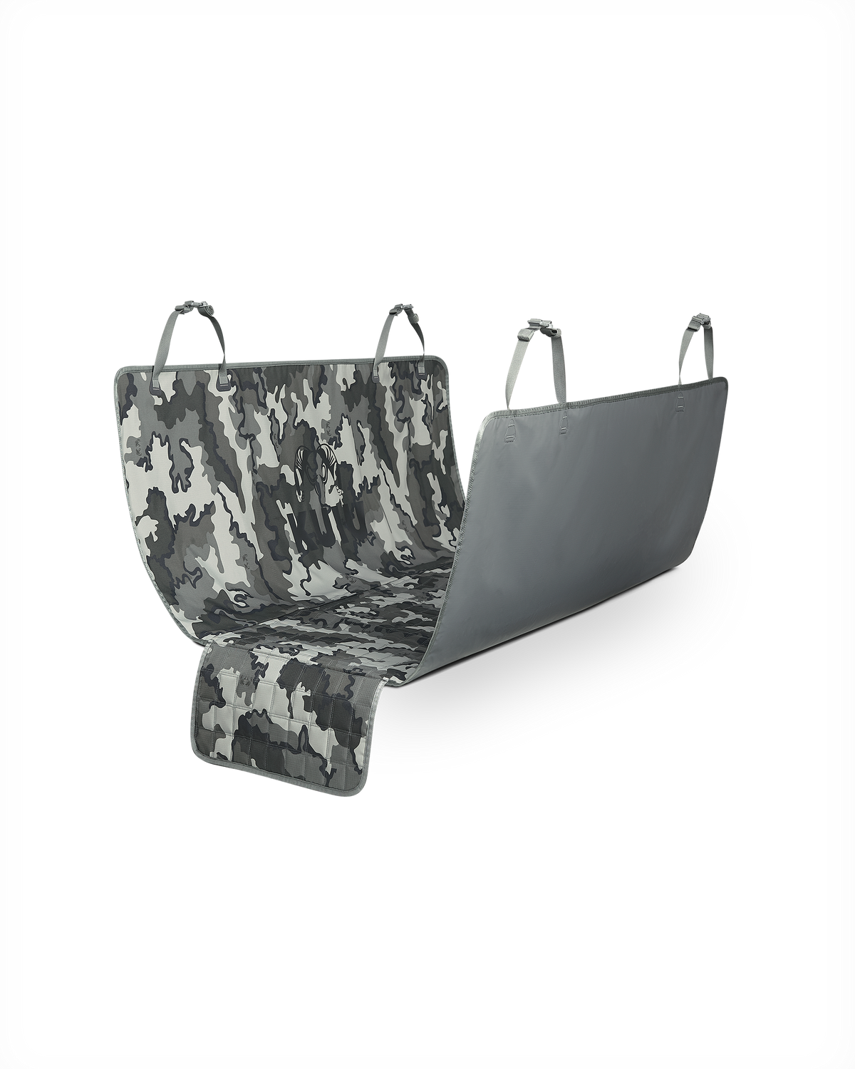 Angled view of KUIU Quilted K9 Seat Cover in Vias Storm camouflage