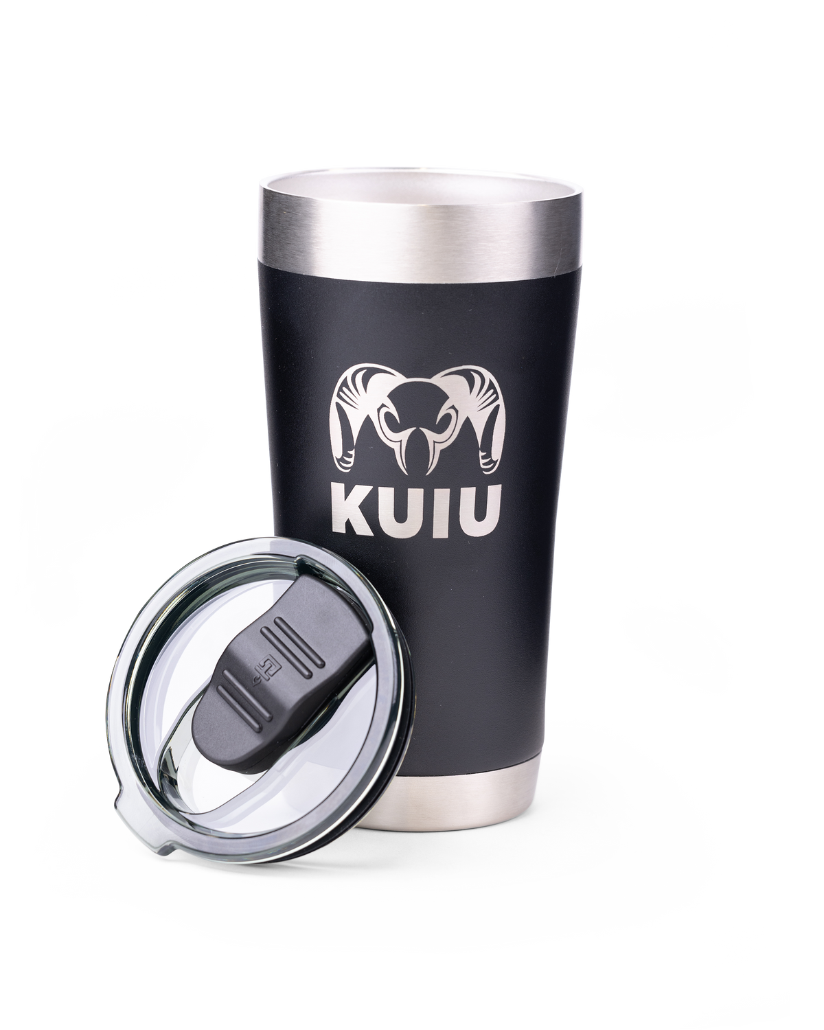 Front of KUIU 20 Ounce Tumbler in Black with slider lid off