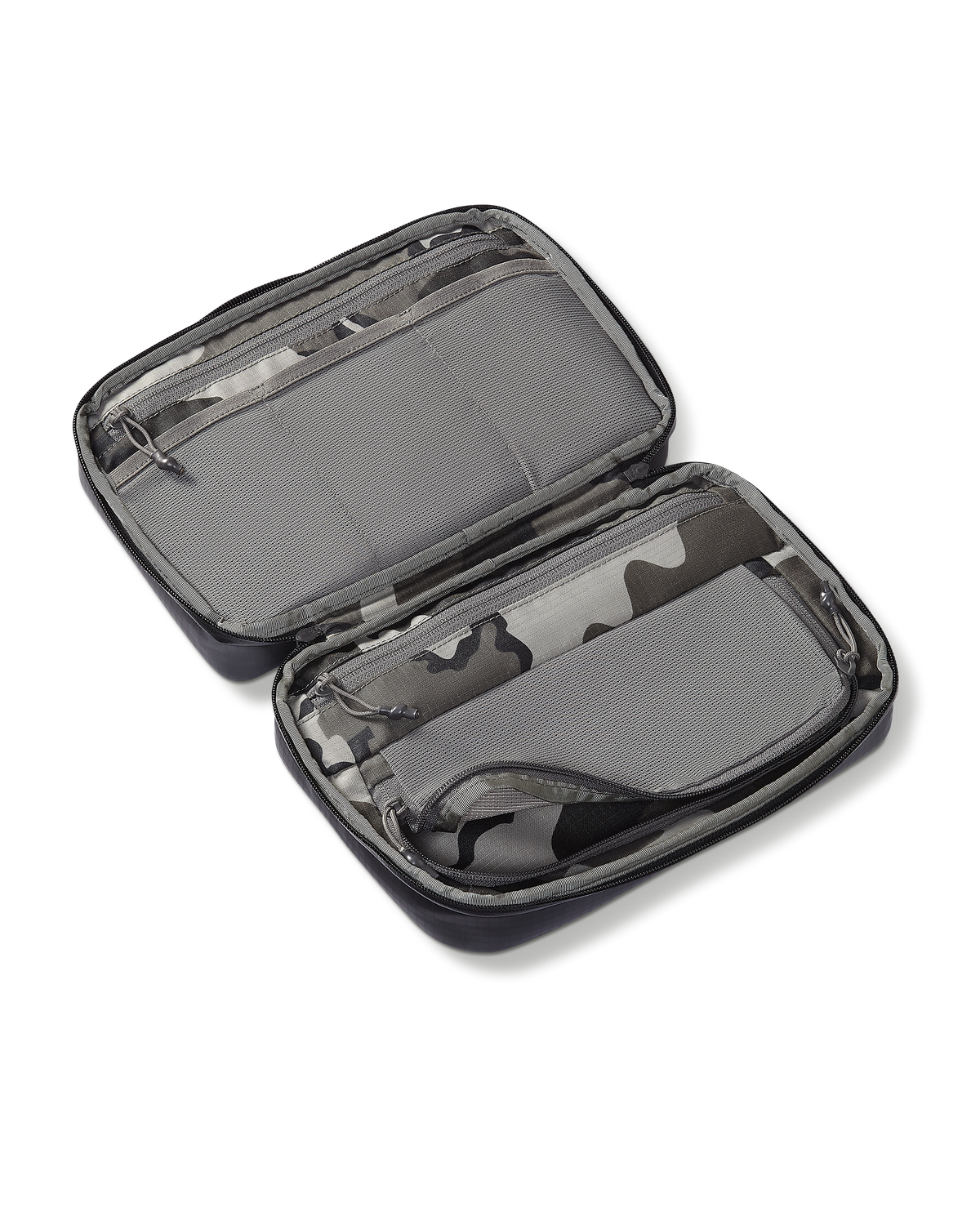 Open view of the interior storage of a Inner Circle Waypoint Dopp Kit in Black