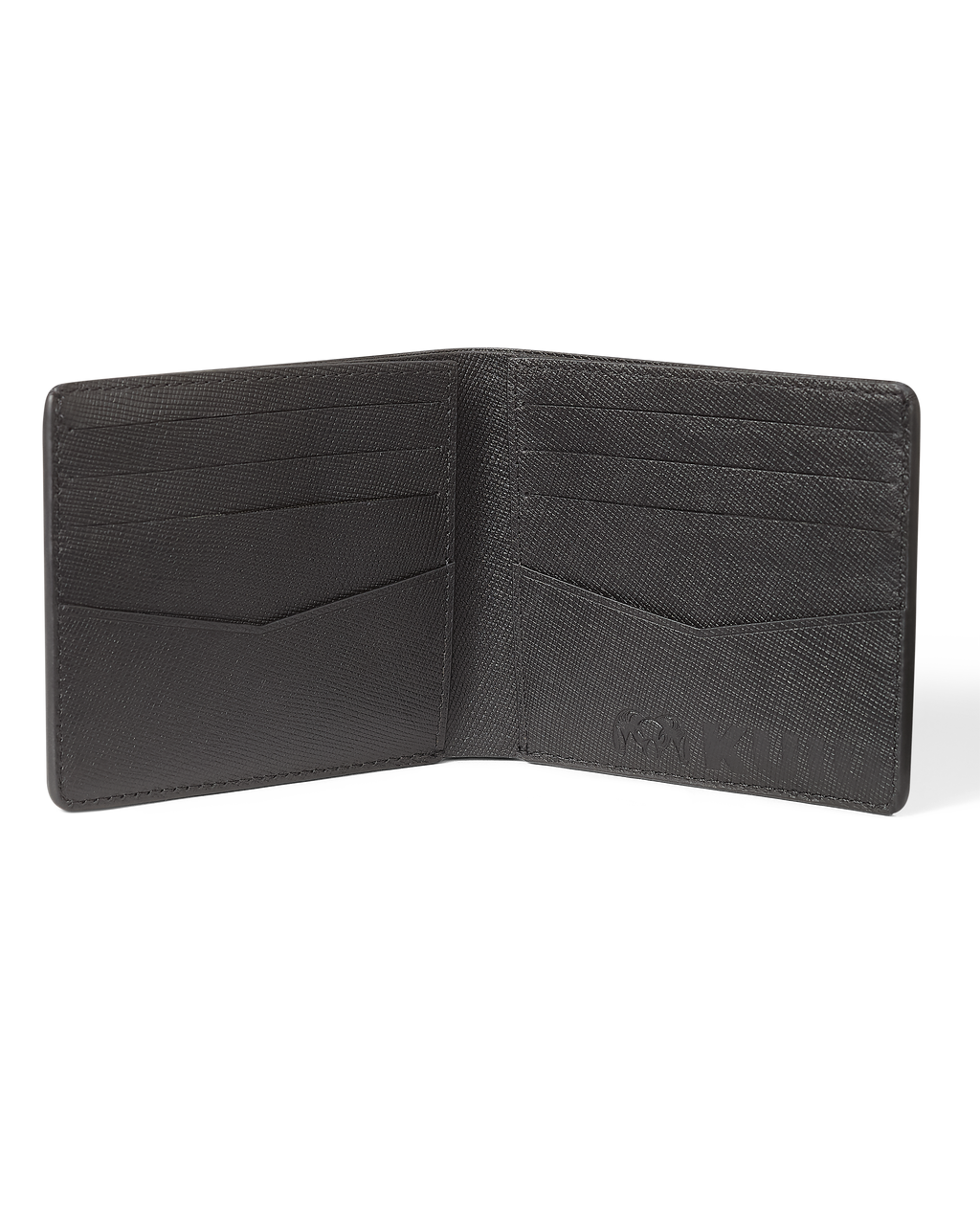 An open KUIU Leather Wallet in Black with multiple card slots and a coin pocket.
