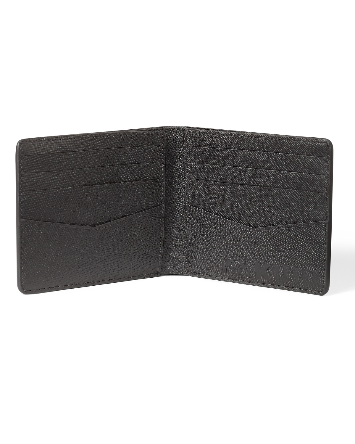 An open KUIU Leather Wallet in Black with multiple card slots and a coin pocket.