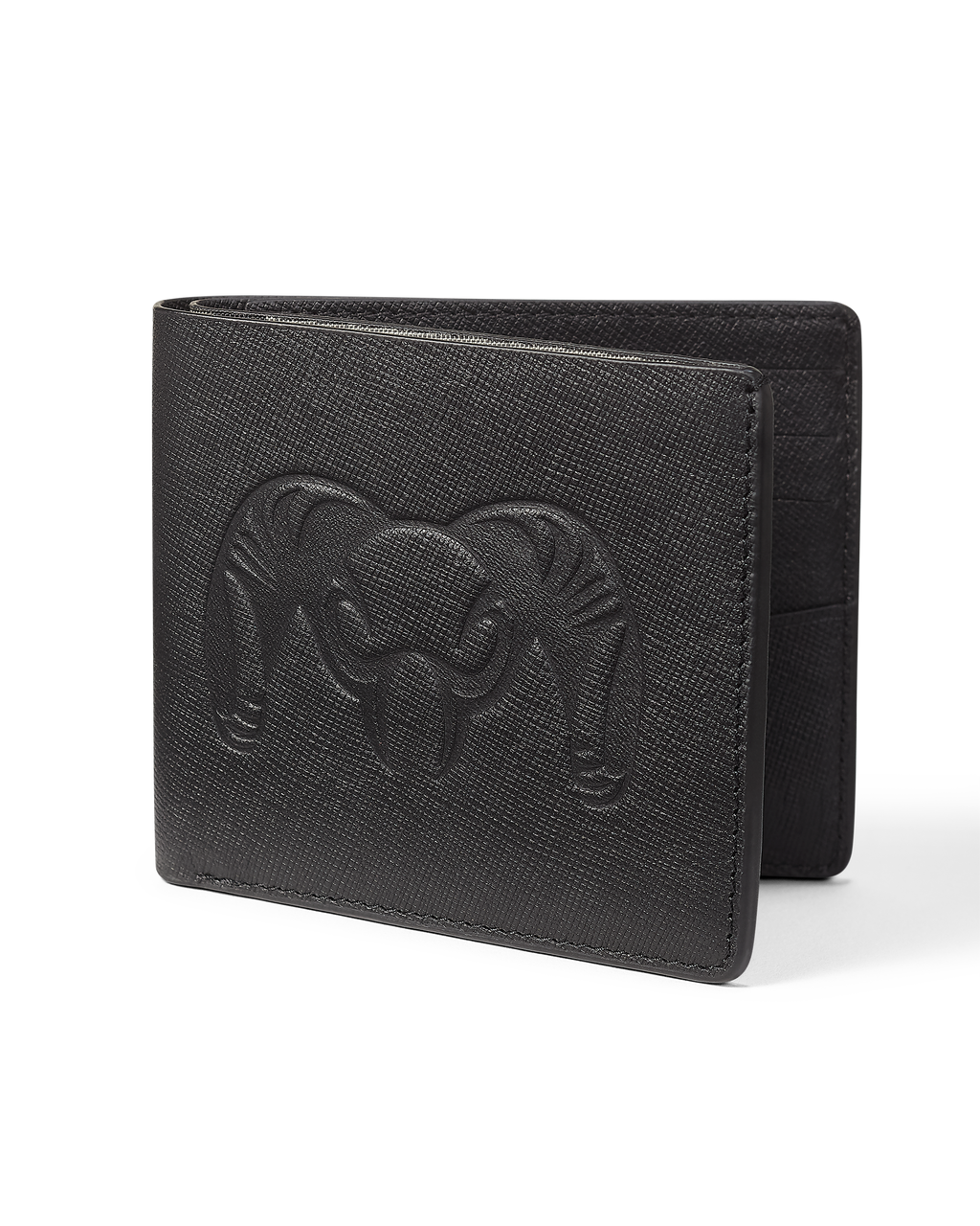 Front KUIU Leather wallet in Black with an embossed ram's head logo on the front.
