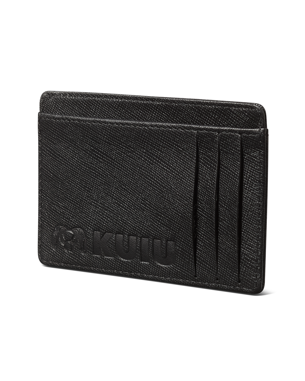 KUIU Leather Cardholder wallet in Black with three vertical card slots and an embossed 'KUIU' logo on the front.