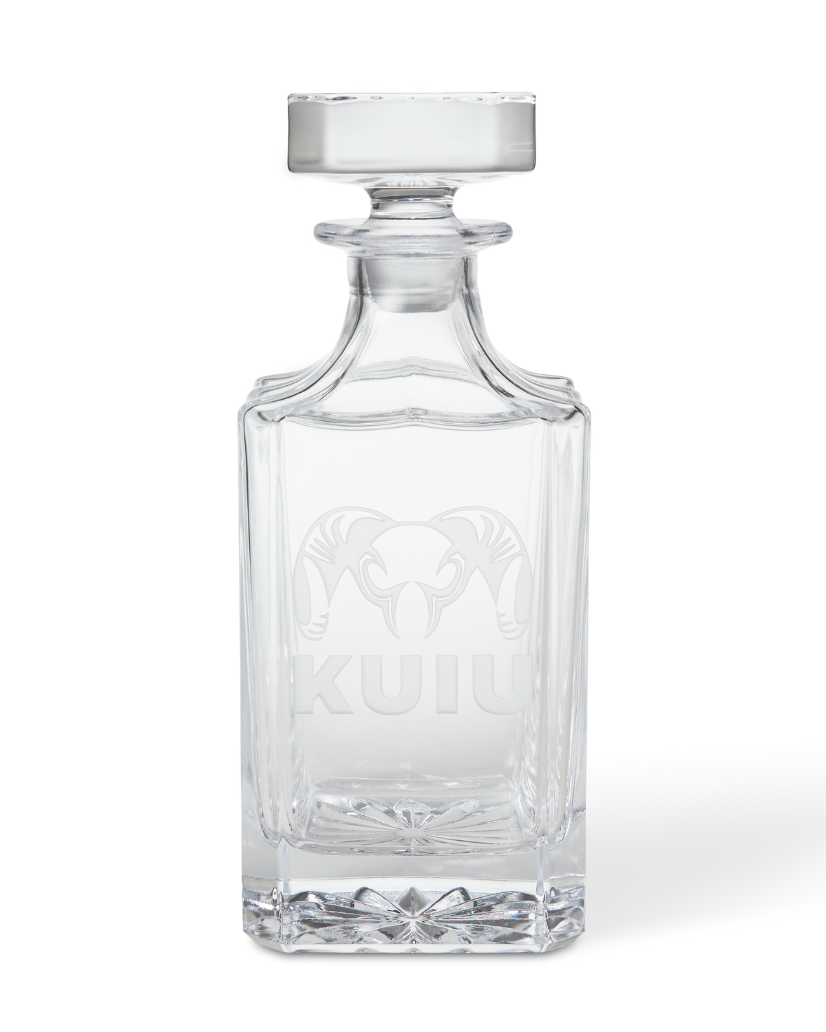 Front of KUIU Engraved Decanter in Clear glass, featuring an etched ram head logo and KUIU text.