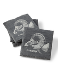 Three dark Nahanni Butte Ram Slate Coaster Set in Slate Grey, each printed with a white ram head illustration and the text 'KUIU'.
