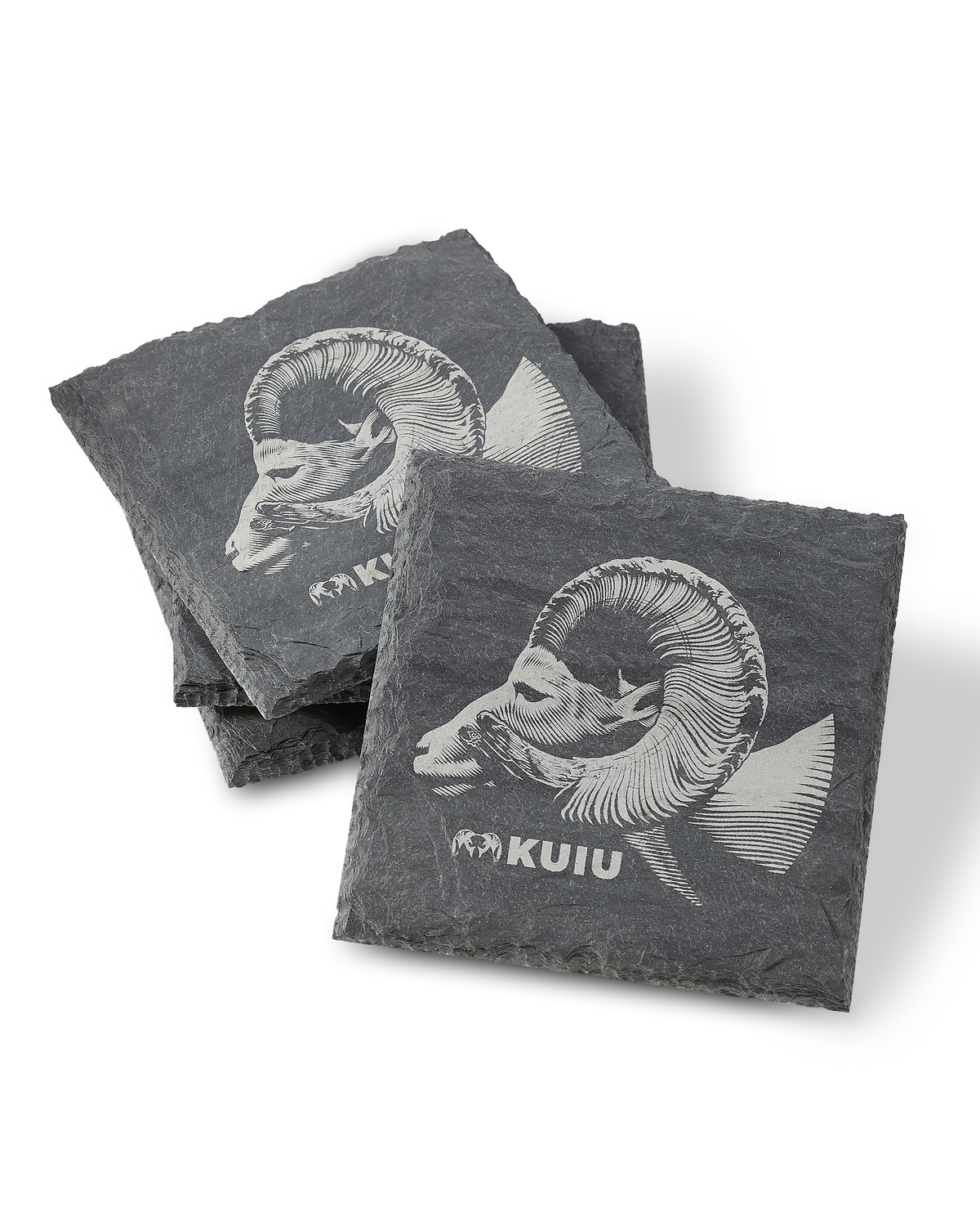 Three dark Nahanni Butte Ram Slate Coaster Set in Slate Grey, each printed with a white ram head illustration and the text 'KUIU'.